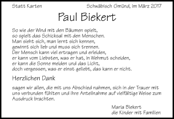Traueranzeige von Paul Biekert von Gmünder Tagespost