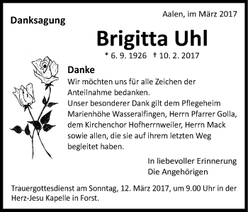 Traueranzeige von Brigitta Uhl von Schwäbische Post