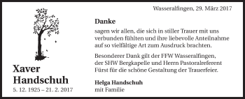 Traueranzeige von Xaver Handschuh von Schwäbische Post