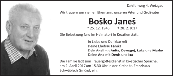 Traueranzeige von Bosko Janes von Gmünder Tagespost