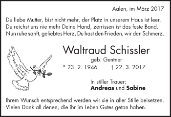 Traueranzeige von Waltraud Schissler von Schwäbische Post
