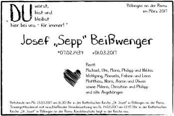 Traueranzeige von Josef Beißwenger von Gmünder Tagespost