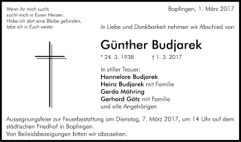 Traueranzeige von Günther Budjarek von Schwäbische Post