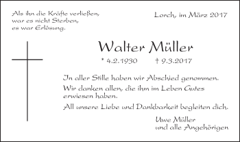 Traueranzeige von Walter Müller von Gmünder Tagespost