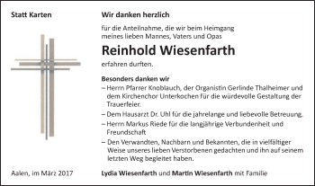 Traueranzeige von Reinhold Wiesenfarth von Schwäbische Post