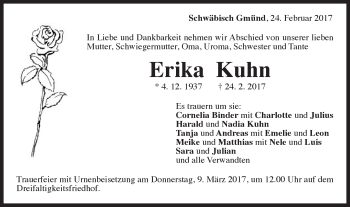 Traueranzeige von Erika Kuhn von Gmünder Tagespost