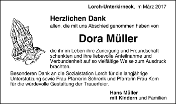 Traueranzeige von Dora Müller von Gmünder Tagespost