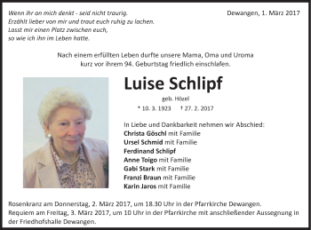 Traueranzeige von Luise Schlipf von Schwäbische Post
