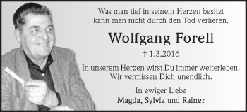 Traueranzeige von Wolfgang Forell von Schwäbische Post