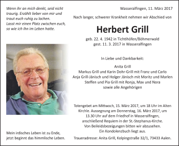Traueranzeige von Herbert Grill von OstalbTrauer