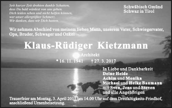 Traueranzeige von Klaus-Rüdiger Kietzmann von Gmünder Tagespost
