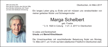 Traueranzeige von Marga Schelbert von Amtsblatt_Oko