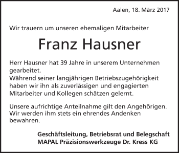 Traueranzeige von Franz Hausner von Schwäbische Post