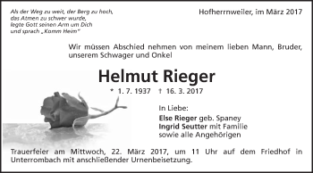 Traueranzeige von Helmut Rieger von Schwäbische Post