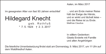 Traueranzeige von Hildegard Knecht von Schwäbische Post
