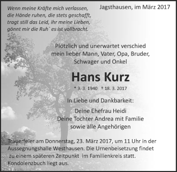 Traueranzeige von Hans Kurz von Schwäbische Post