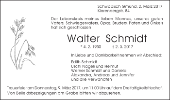 Traueranzeige von Walter Schmidt von Gmünder Tagespost
