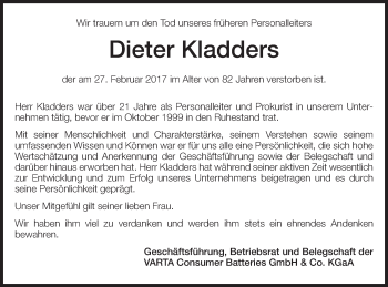 Traueranzeige von Dieter Kladders von Schwäbische Post