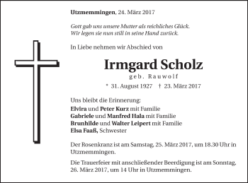 Traueranzeige von Irmgard Scholz von Schwäbische Post