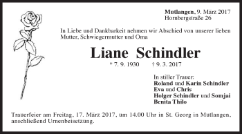 Traueranzeige von Liane Schindler von Gmünder Tagespost
