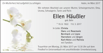 Traueranzeige von Ellen Häußler von Schwäbische Post