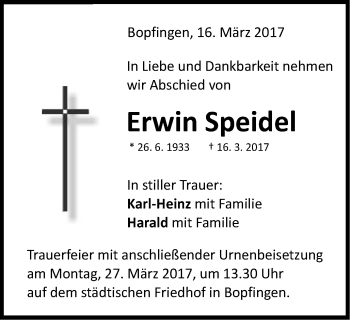 Traueranzeige von Erwin Speidel von Schwäbische Post