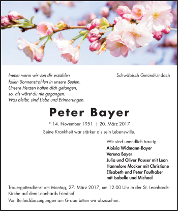 Traueranzeige von Peter Bayer von Gmünder Tagespost