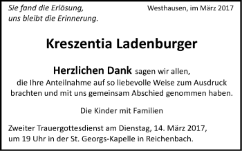Traueranzeige von Kreszentia Ladenburger von Schwäbische Post