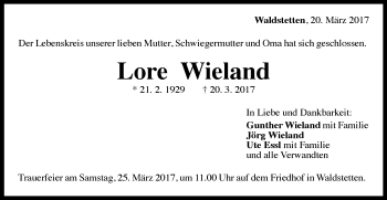 Traueranzeige von Lore Wieland von Gmünder Tagespost