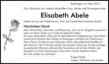 Traueranzeige von Elisabeth Abele von Schwäbische Post
