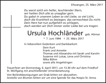 Traueranzeige von Ursula Hochländer von Schwäbische Post