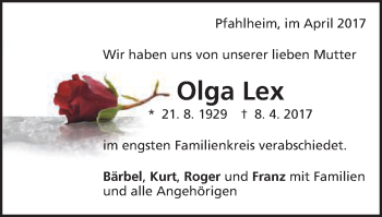 Traueranzeige von Olga Lex von Schwäbische Post