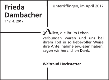 Traueranzeige von Frieda Dambacher von Bopfinger Stadtanzeiger