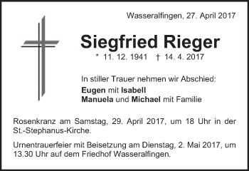 Traueranzeige von Siegfried Rieger von Schwäbische Post