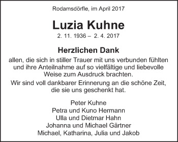 Traueranzeige von Luzia Kuhne von Schwäbische Post