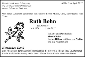 Traueranzeige von Ruth Bohn von Gmünder Tagespost