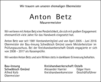 Traueranzeige von Anton Betz von Gmünder Tagespost