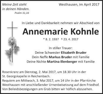 Traueranzeige von Annemarie Kohnle von Schwäbische Post