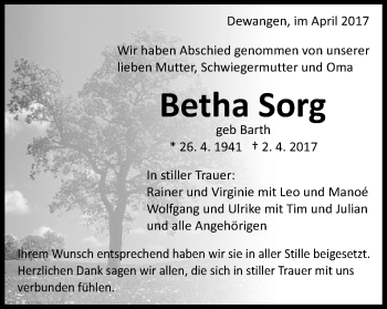 Traueranzeige von Bertha Sorg von Schwäbische Post