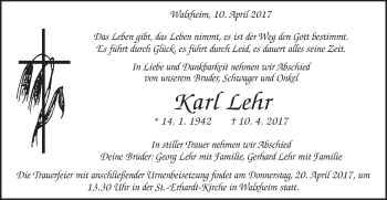 Traueranzeige von Karl Lehr von Schwäbische Post
