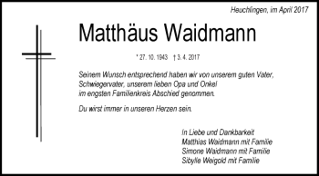 Traueranzeige von Matthäus Waidmann von Gmünder Tagespost