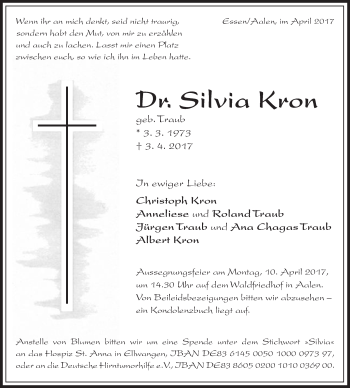 Traueranzeige von Silvia Kron von Schwäbische Post