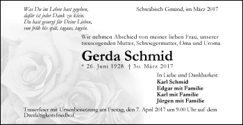 Traueranzeige von Gerda Schmid von Gmünder Tagespost
