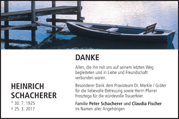 Traueranzeige von Heinrich Schacherer von Schwäbische Post
