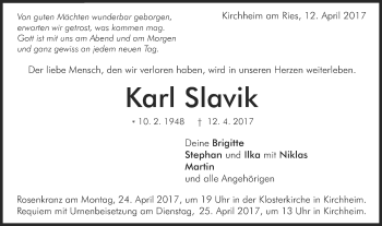 Traueranzeige von Karl Slavik von Schwäbische Post