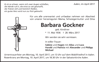 Traueranzeige von Barbara Gockner von Schwäbische Post