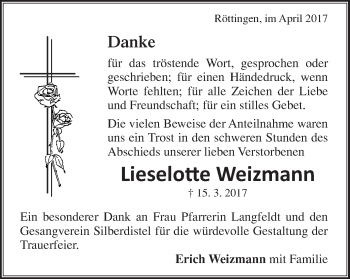 Traueranzeige von Lieselotte Weizmann von Schwäbische Post