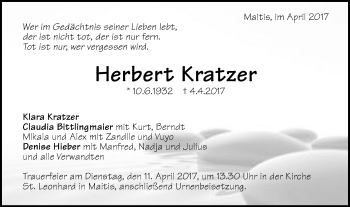 Traueranzeige von Herbert Kratzer von Gmünder Tagespost