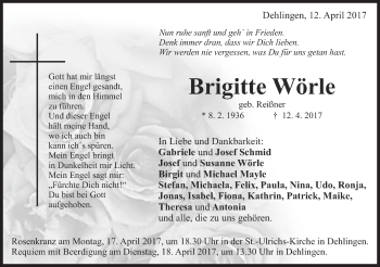 Traueranzeige von Brigitte Wöhrle von Schwäbische Post