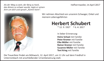 Traueranzeige von Herbert Schubert von Schwäbische Post
